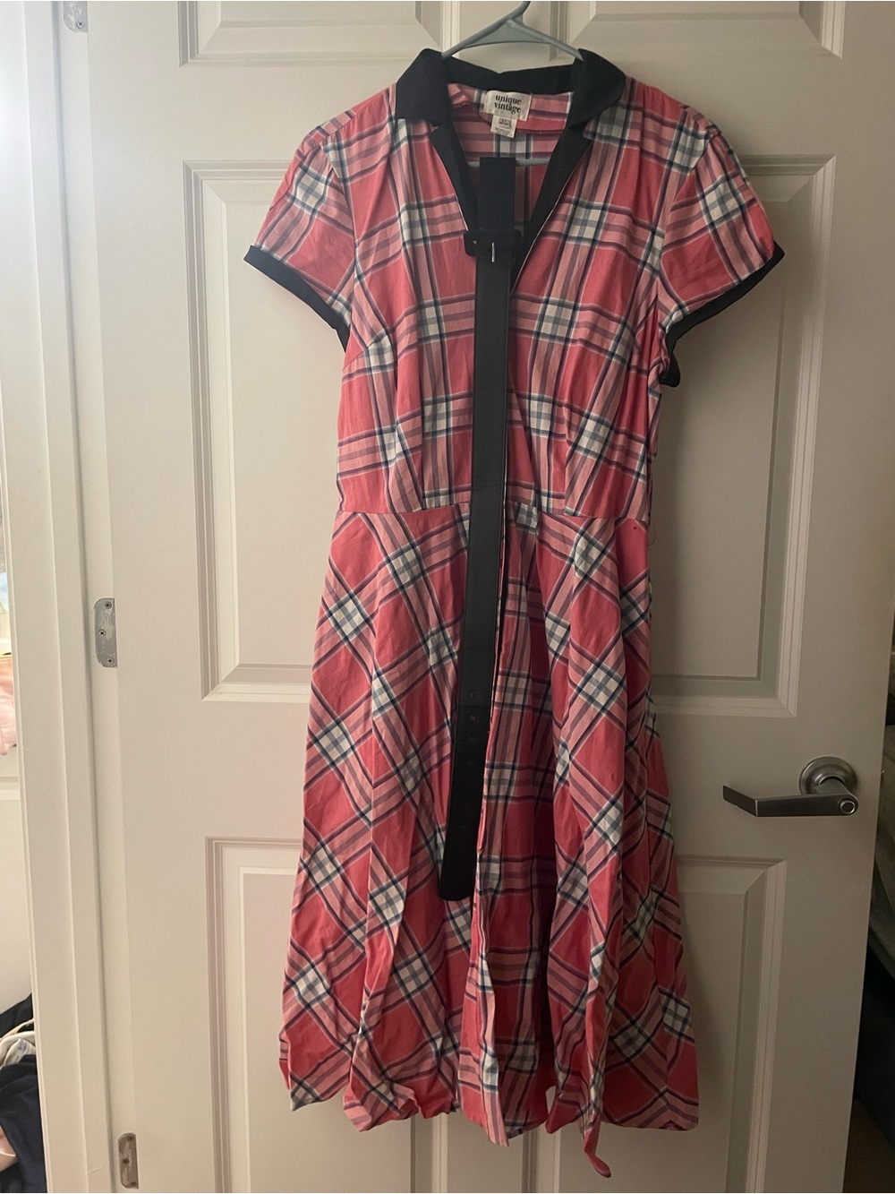 Unique Vintage Pink Plaid Midi Dress with Blue Trim